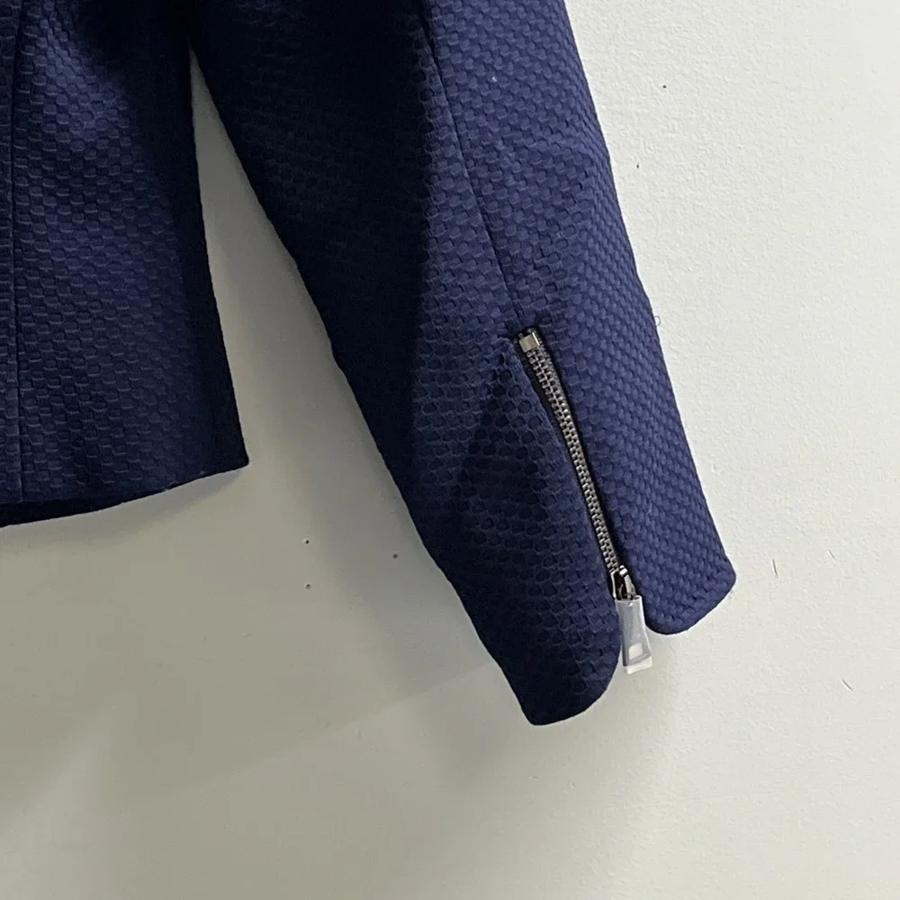 Ted Baker Blazer Navy Blue Cropped Textured Jacket Womens 0 Office Career Staple